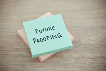 Sticky note, planning and schedule or desk text for writing or business growth ready for change....