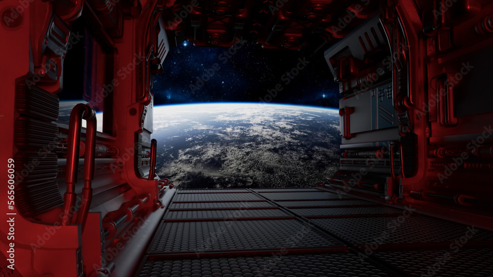 Poster space concept. view from orbit to the planet earth. opening of the gate with a view of the planet ea