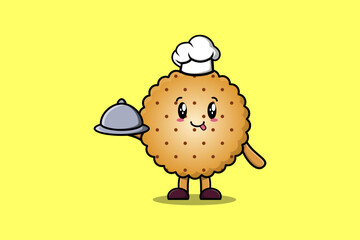 Cute Cartoon chef Cookies mascot character serving food on tray cute style design illustration