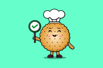Cute cartoon Cookies chef character holding correct sign board in vector character illustration
