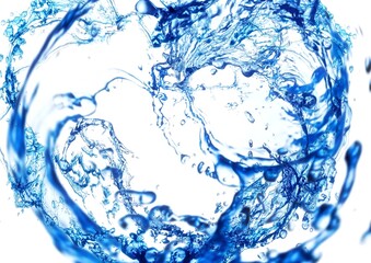 Fototapeta na wymiar 円形に渦巻く抽象的な青い液体と白背景