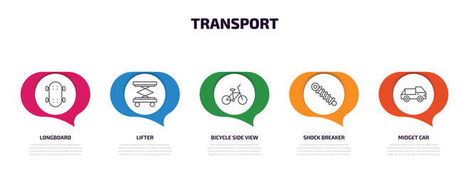 transport infographic element with outline icons and 5 step or option. transport icons such as longboard, lifter, bicycle side view, shock breaker, midget car vector.