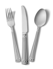 Three kitchen utensils: fork, knife and spoon with shadow. png transparent