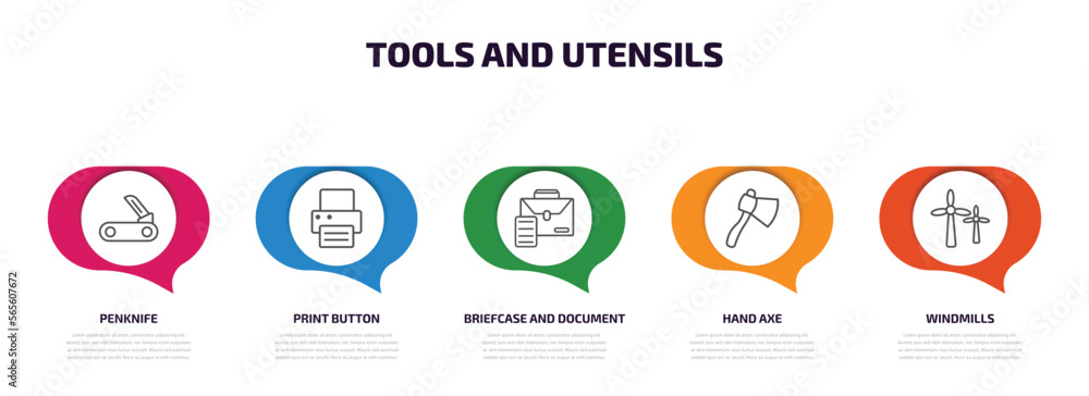Poster tools and utensils infographic element with outline icons and 5 step or option. tools and utensils i