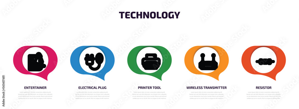 Poster technology infographic element with outline icons and 5 step or option. technology icons such as ent