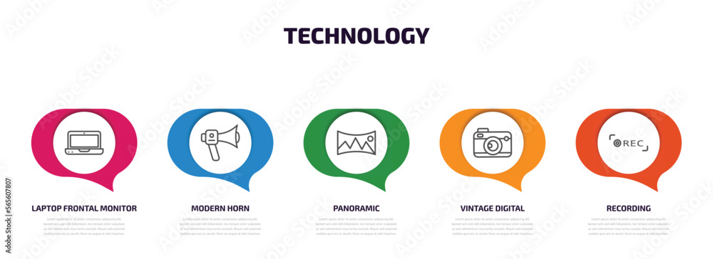 Poster technology infographic element with outline icons and 5 step or option. technology icons such as lap