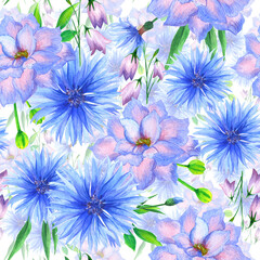 
Watercolor cornflower and peony flowers in a seamless pattern. Can be used as fabric, wallpaper, wrap.