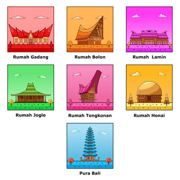 Indonesian Traditional House Icon from Minang, Batak, Dayak, Jawa, Toraja, Papua, Bali