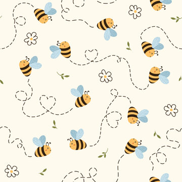 Seamless Pattern with Flying Cute Bee and doodle flower, Cartoon Animals Background, Design for baby clothes, t-shirts, wrapping, fabric, textiles and more