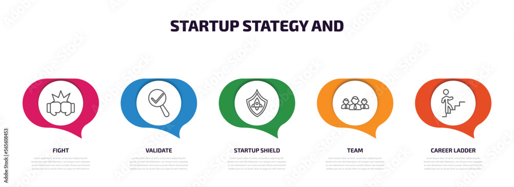 Poster startup stategy and infographic element with outline icons and 5 step or option. startup stategy and