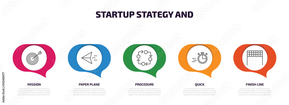 Poster startup stategy and infographic element with outline icons and 5 step or option. startup stategy and