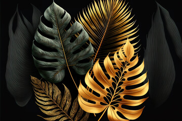 Golden tropical leaves on black background, abstract luxury modern tropical background. AI