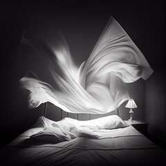 Laying white sheets on the bed,  created with Generative AI technology.