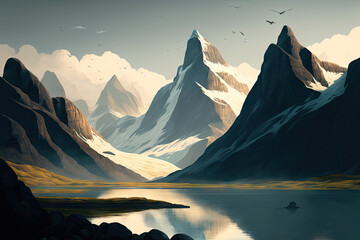 Scandinavian Fjord,  lllustration design for presentation, banner, cover, web, flyer, card, poster, wallpaper, texture, slide, magazine, and powerpoint. Made by Generative AI.  - obrazy, fototapety, plakaty