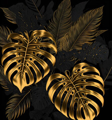 Golden tropical leaves on black background, abstract luxury modern tropical background. AI