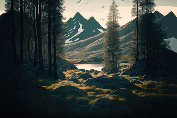 Scandinavian Forest in the Mountains, lllustration design for presentation, banner, cover, web, flyer, card, poster, wallpaper, texture, slide, magazine, and powerpoint. Made by Generative AI. 