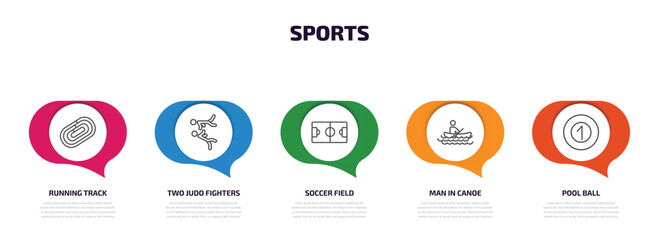 sports infographic element with outline icons and 5 step or option. sports icons such as running track, two judo fighters, soccer field, man in canoe, pool ball vector.