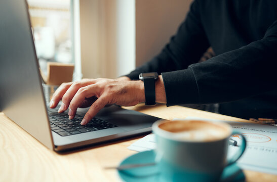 Writing, Laptop And Hands In Coffee Shop For Phd Research, Online Education And Scholarship Essay. Computer, Internet Cafe And Person, Customer Or Student Study, Typing Or Creative Blog Inspiration