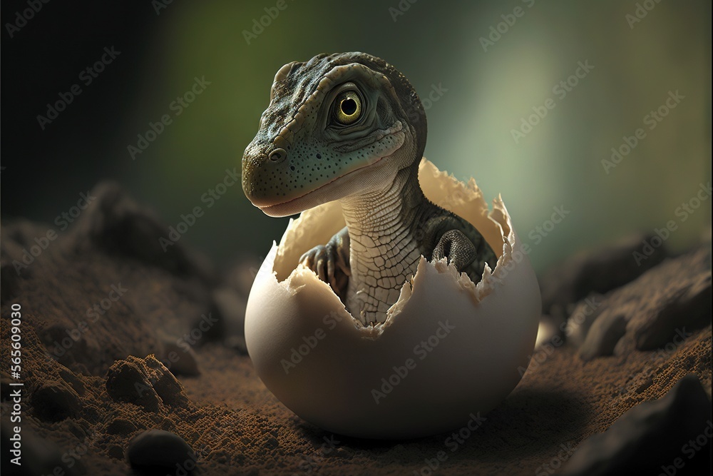 Aufkleber a dinosaur hatched in an egg shell on a rocky ground with a green background and a green light shini