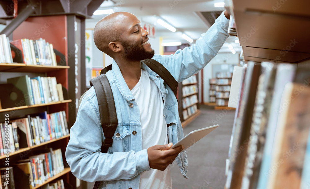 Poster black man, student and library bookshelf of a university, college and knowledge center. notebook, ha