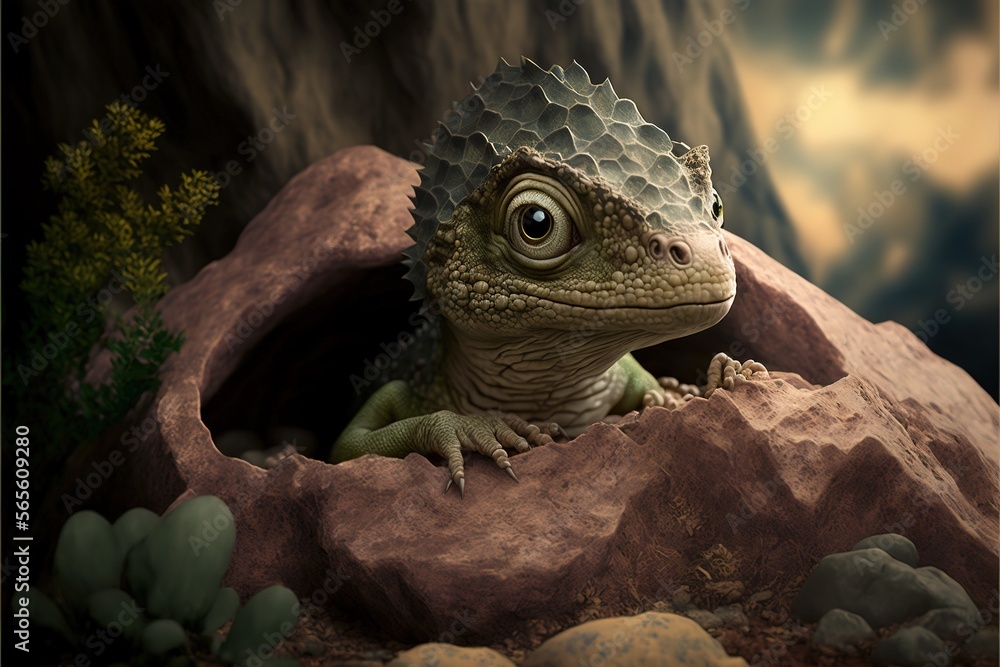 Poster a lizard is sitting in a rock in the desert with a cloudy sky in the background and a few bushes and