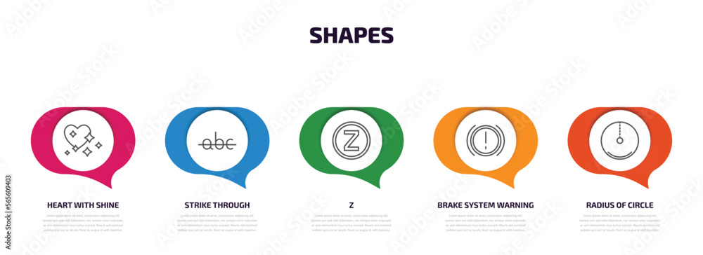 Poster shapes infographic element with outline icons and 5 step or option. shapes icons such as heart with 