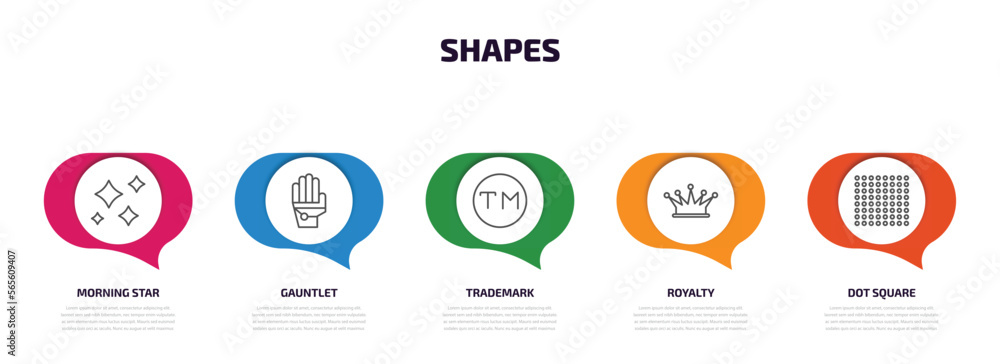 Poster shapes infographic element with outline icons and 5 step or option. shapes icons such as morning sta