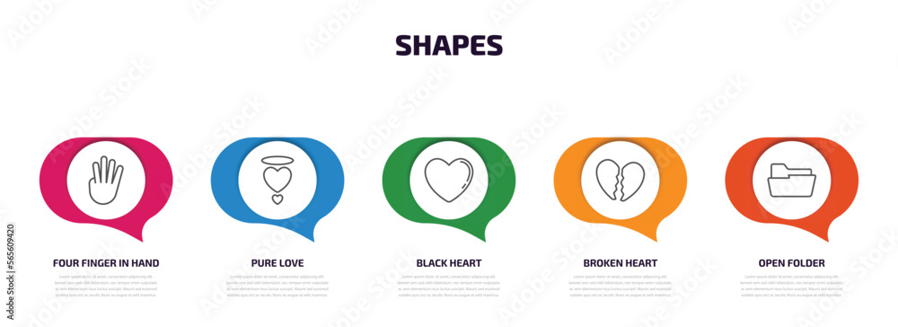 Poster shapes infographic element with outline icons and 5 step or option. shapes icons such as four finger