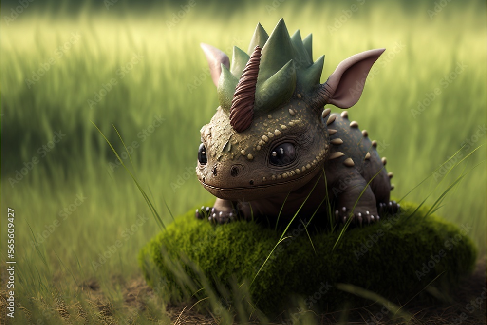 Poster a small toy dinosaur sitting on top of a green patch of grass in a field of grass with a green backg