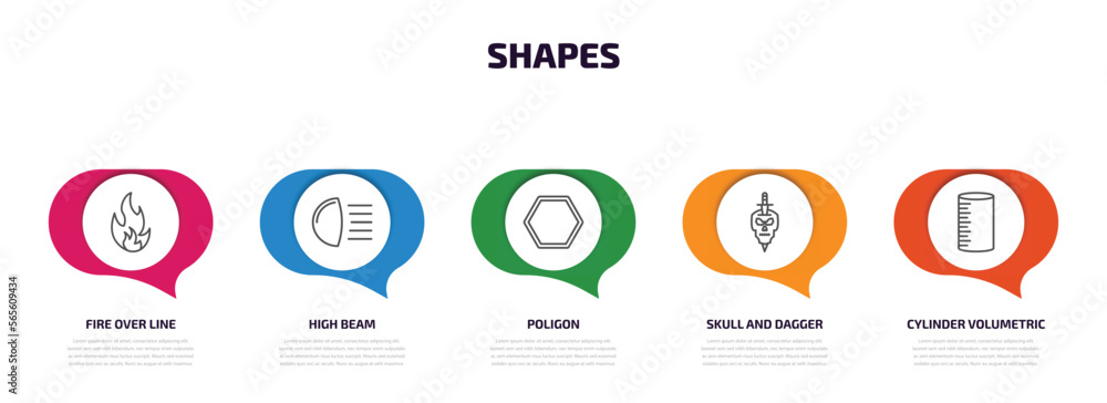 Poster shapes infographic element with outline icons and 5 step or option. shapes icons such as fire over l