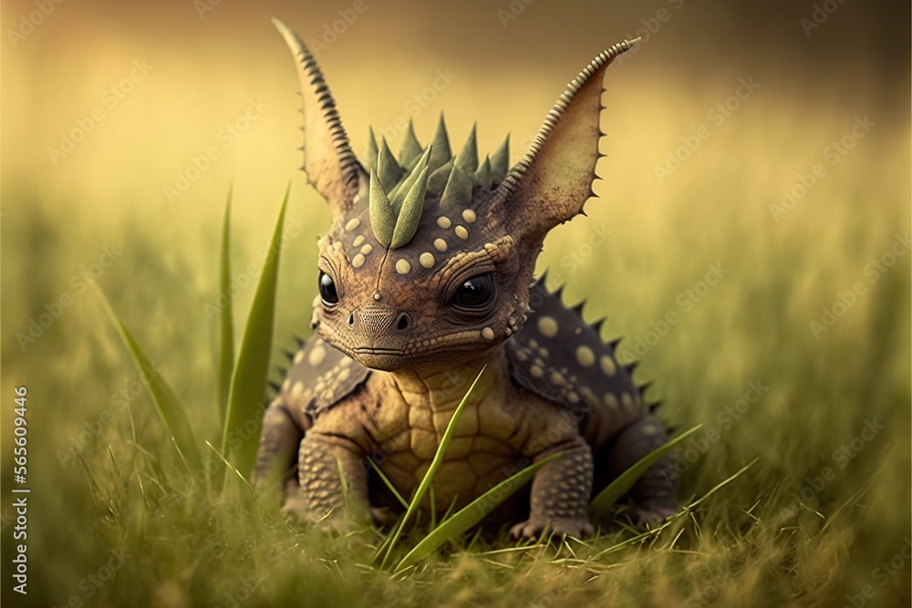 Poster a small dinosaur with spikes on its head sitting in the grass with a blurry background of grass and 