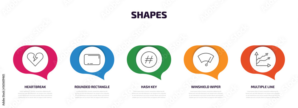 Poster shapes infographic element with outline icons and 5 step or option. shapes icons such as heartbreak,