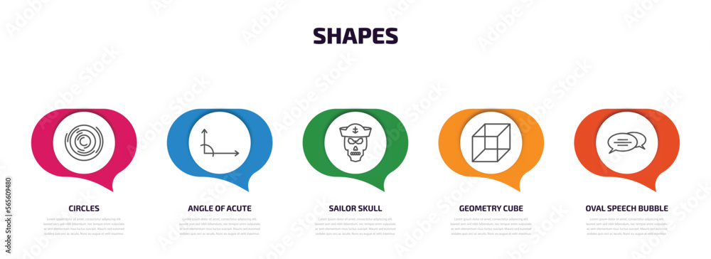 Poster shapes infographic element with outline icons and 5 step or option. shapes icons such as circles, an