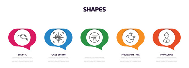 shapes infographic element with outline icons and 5 step or option. shapes icons such as elliptic, focus button, , moon and stars, mongolian vector.