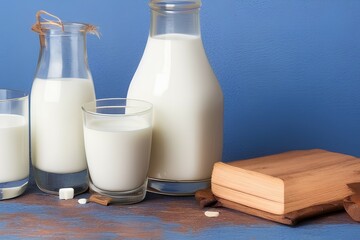 A bottle of milk and a glass of milk on a wooden table on a blue background - generative ai