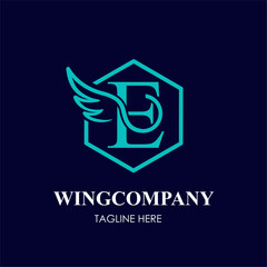 Initial E Letter with Wing Bird in Line Art Style Logo Idea Template