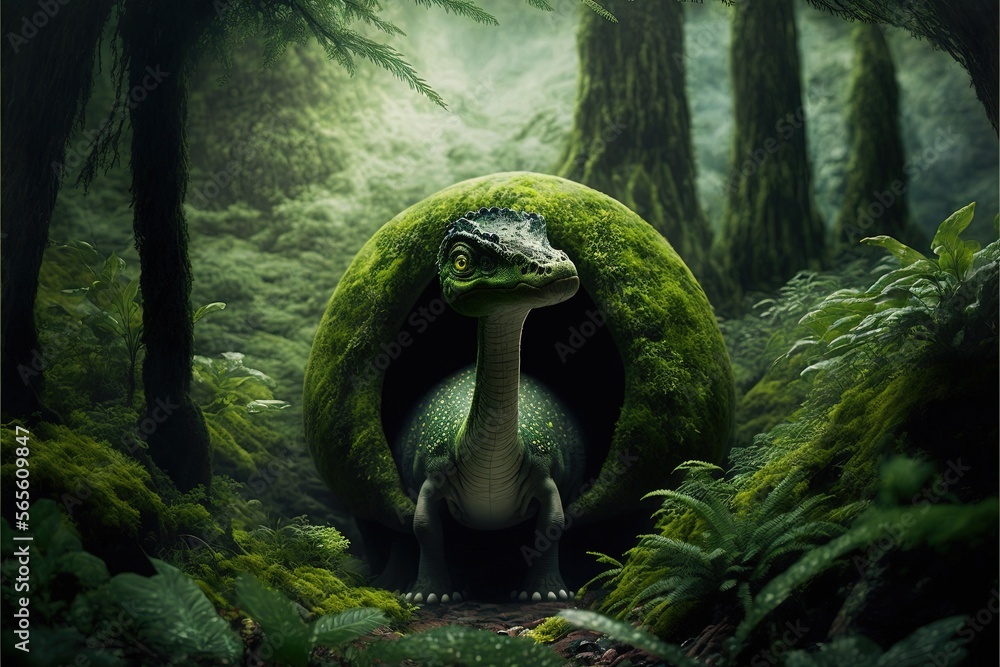 Aufkleber a green dinosaur with a large head in a forest with trees and ferns, with a large rock in the middle