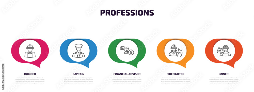 Poster professions infographic element with outline icons and 5 step or option. professions icons such as b