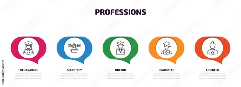 Poster professions infographic element with outline icons and 5 step or option. professions icons such as p