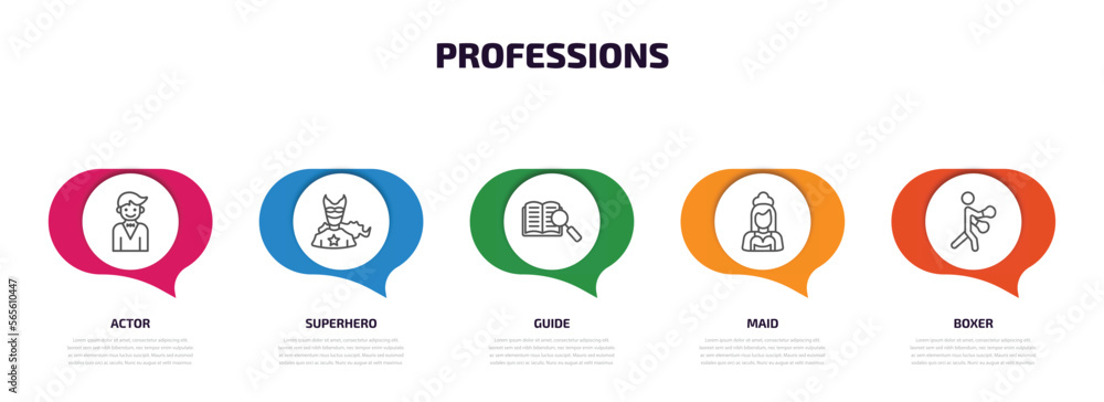 Aufkleber professions infographic element with outline icons and 5 step or option. professions icons such as a