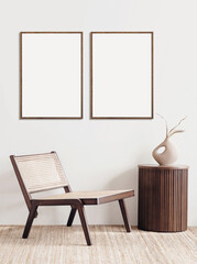 Blank picture frame mockup on white wall. Modern living room design. View of modern scandinavian style interior, minimalism concept. Two vertical templates for artwork, painting, photo or poster