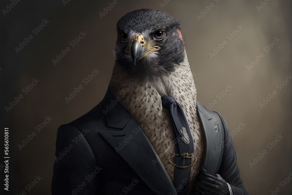 Poster a bird in a suit and tie with a black background and a brown background with a black background and 