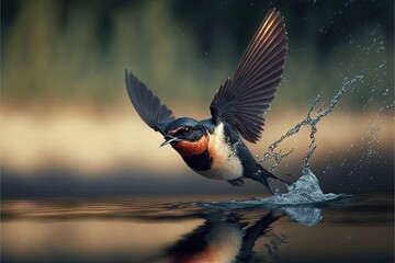  a bird is flying over the water with its wings spread out and its wings are spread out, and its body is in the water.  generative ai