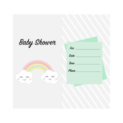 An invitation to a baby shower with a rainbow.