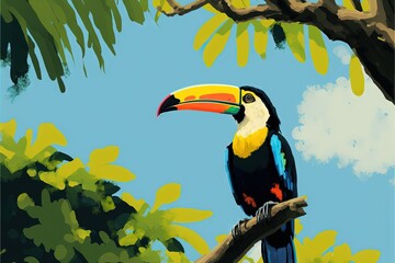  a colorful bird perched on a tree branch in a forest with leaves and sky in the background, with a large toucan in the foreground.  generative ai