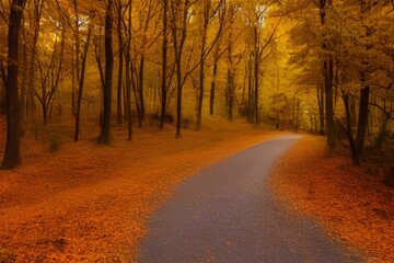 Obraz premium Autumn forest road leaves fall ground landscape on autumn background in November - generative ai