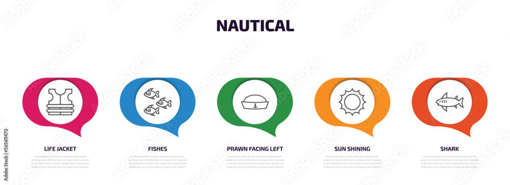 Poster nautical infographic element with outline icons and 5 step or option. nautical icons such as life ja
