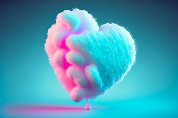 Cotton sugar candy in the shape of a heart on a blue background. Valentines Day Concept. Generative AI