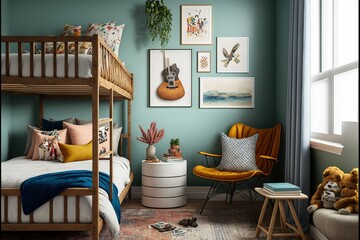  a bedroom with a bunk bed and a chair and a table with a stuffed animal on it and a window with a view of the outside.  generative ai