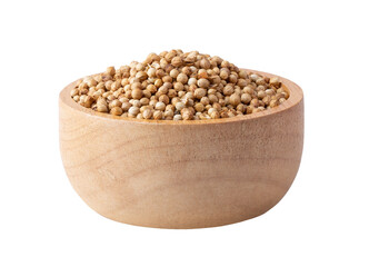 coriander seeds in wood bowl isolated on transparent png